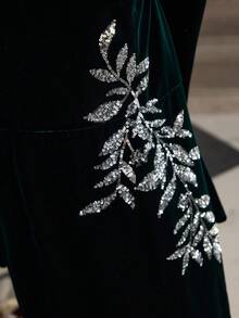 ZEYLAH Đầm Maxi thêu hạt cườm thanh lịch cổ tròn tay dài cho nữ, mùa thu/đông - Màu xanh lá cây đậm - Xem 3