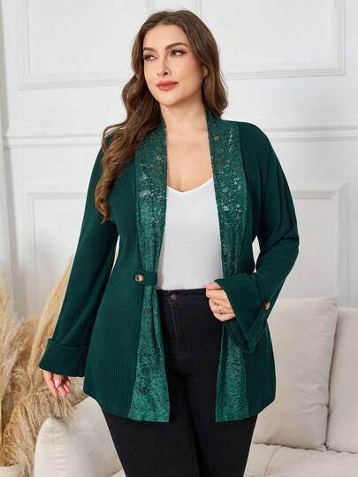 Lacomfia 大码女式蕾丝拼布针织羊毛罗纹长袖纽扣装饰休闲日常开襟羊毛衫