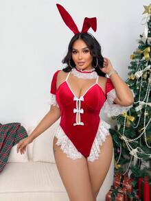 Fantasy Costume 4件套加大码圣诞天鹅绒红白对比性感兔子紧身衣套装 - 酒紅色 - 查看 10