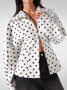 LYSMO Áo khoác dài tay nữ mùa đông tối giản họa tiết chấm bi đen trắng, khóa kéo, kiểu dáng thường ngày, mẫu mới 2025, thích hợp cho đi chơi, phong cách đường phố và diện trong mùa đông, đón năm mới hoặc Giáng sinh. - Đen và trắng - Xem 8