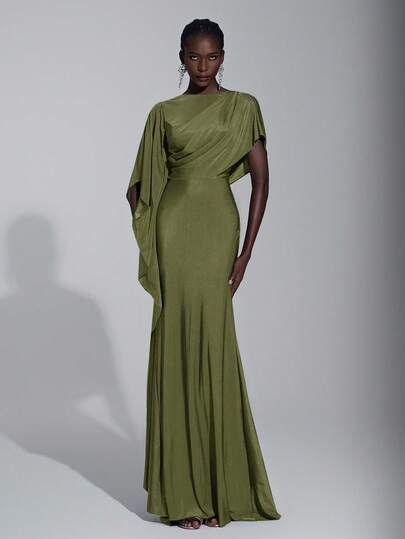 Elitara Elegant Lyxig Marinblå Satin Volangärm Sexig Slits Fisksvans Brudtärneklänning