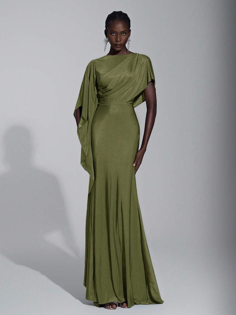 Elitara Elegant Luxurious Navy Blue Satin Ruffle Sleeve Sexy Slit Fishtail Bridesmaid Dress