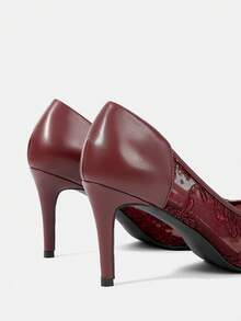 CUCCOO HITCHD 女士尖头细高跟酒红色蕾丝网眼婚礼派对性感优雅高跟鞋 - 酒紅色 - 查看 11