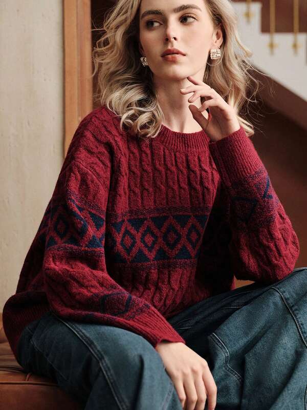  Uhlyne Autumn/Winter Christmas Theme Wool Blend Knit Pullover Sweater, Women's Long Sleeve Crew Neck Vintage Burgundy Minimalist Elegant Casual Sophisticated Sweater, Suitable For Commute, Holidays, Casual Events