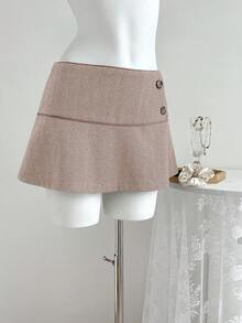 Elamini Retro Style Low Waist Women Button Design Fashion Midi Skirt - Dusty Pink - View 4