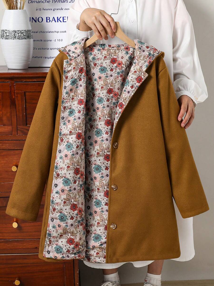 SHEIN Tween Girl' Casual Hooded Jacket, Fashionable Woolen Fabric With Floral Lining, Loose And Comfortable, Suitable For Autumn/Winter Daily, Commuting, Outdoor, Party, And Photo Shoots - Coffee Brown - View 1