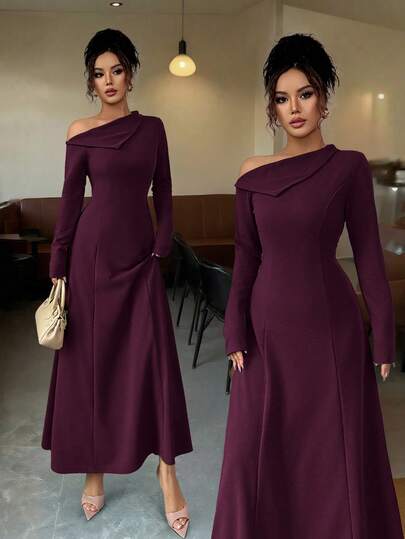 Selianne 优雅女式长款系腰 A 字连衣裙，露肩，纯色，适合日常、派对、节日、晚礼服、秋冬季。女式秋季连衣裙、女式冬季服装、圣诞连衣裙、商务休闲女装、女式工作服、婚礼活动连衣裙、哥特式女装、露肩、单肩连衣裙