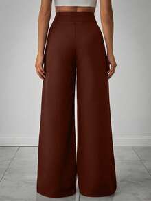 EURMUSE Quần ống rộng xếp ly màu trơn dành cho nữ - màu nâu - Xem 2