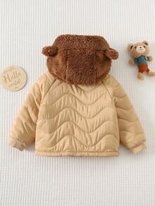 Cozy Pixies Baby Boy Cartoon Bear Pattern Contrast Color Hooded Winter Coat, Versatile & Comfortable For Indoor, Outdoor Casual, Skiing, Back To School, Daily Wear, Sports, Play, Party