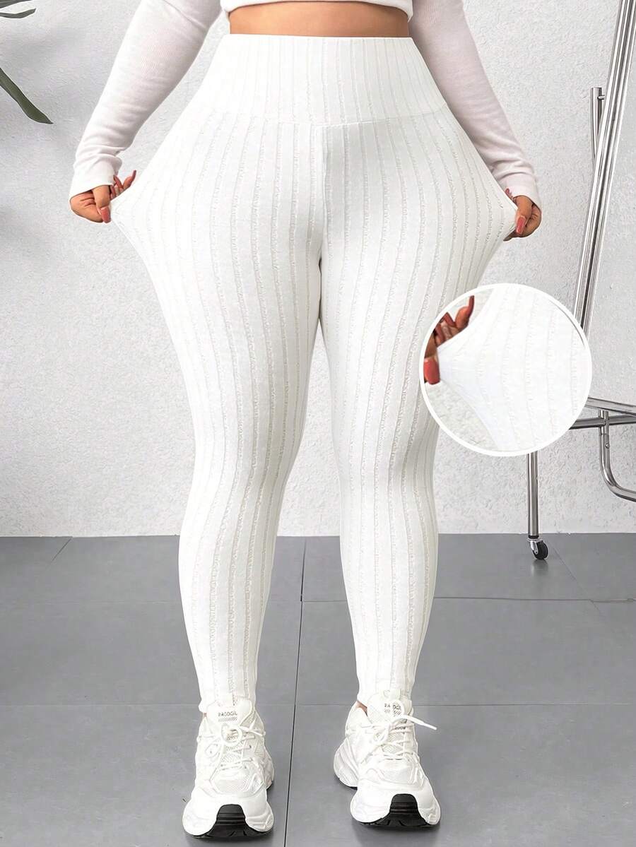 SHEIN EZwear 大码纯色高弹力休闲紧身裤 - 白色 - 查看 1