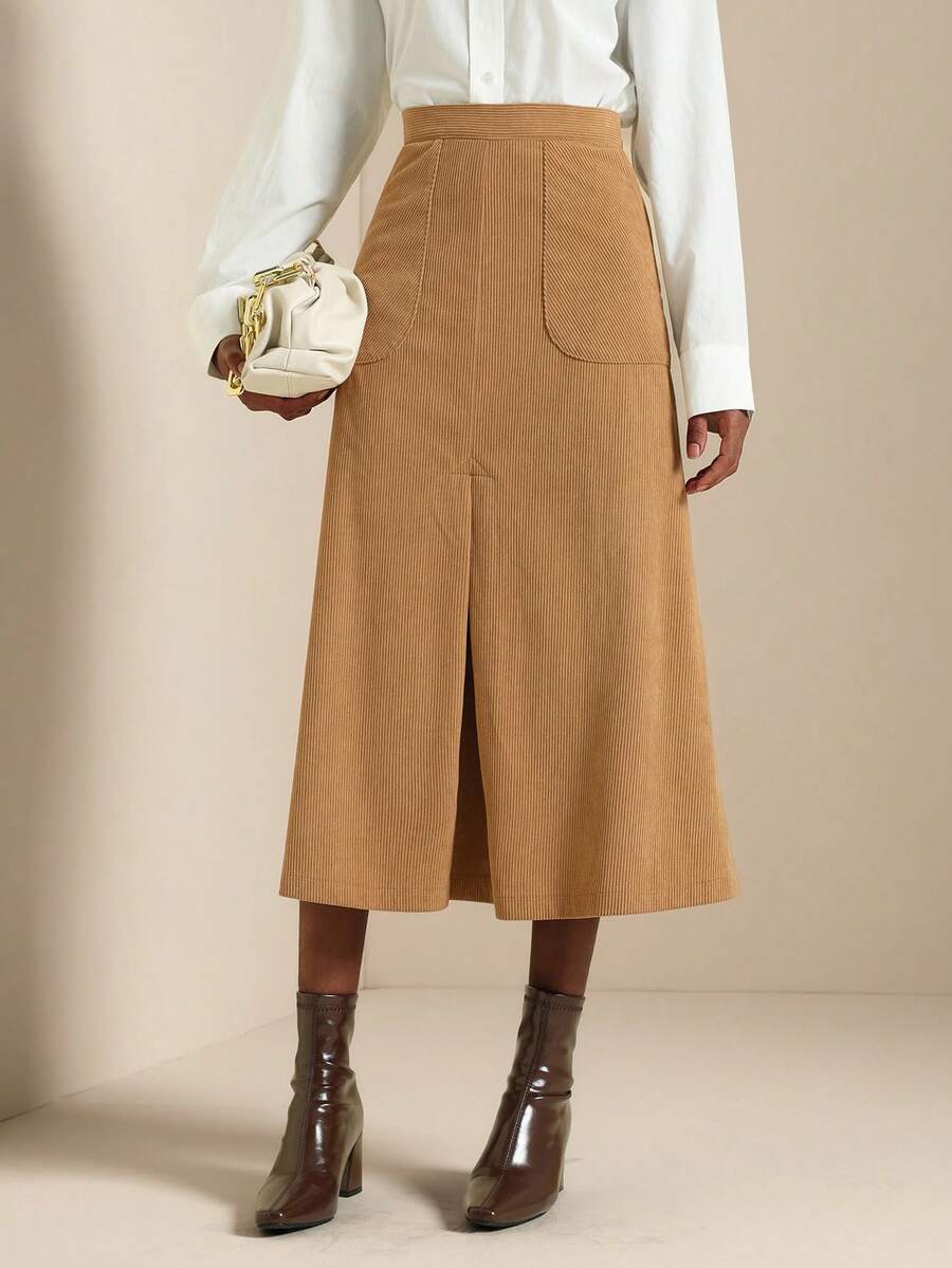 SHEIN Veneréa Women's Casual Front & Middle Slit Corduroy A-Line Skirt - Brown - View 1
