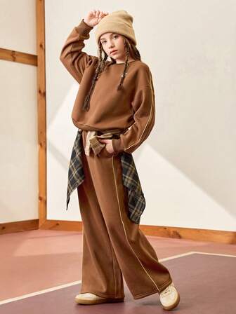 JNSQ Conjunto de 2 piezas para niña preadolescente - Sudadera holgada de cuello redondo de felpa y pantalón de chándal de ajuste relajado, adecuado para otoño, invierno, uso diario, actividades al aire libre, vacaciones, ropa urbana, fiestas y casual