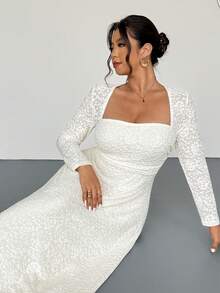 Firerie 秋季大码优雅纯色纹理方领束腰连衣裙