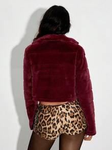 TRNVIE 拉链短款泰迪熊夹克 黑色毛皮夹克 毛绒夹克 短款夹克 短款夹克 女士短款夹克 - 酒紅色 - 查看 2
