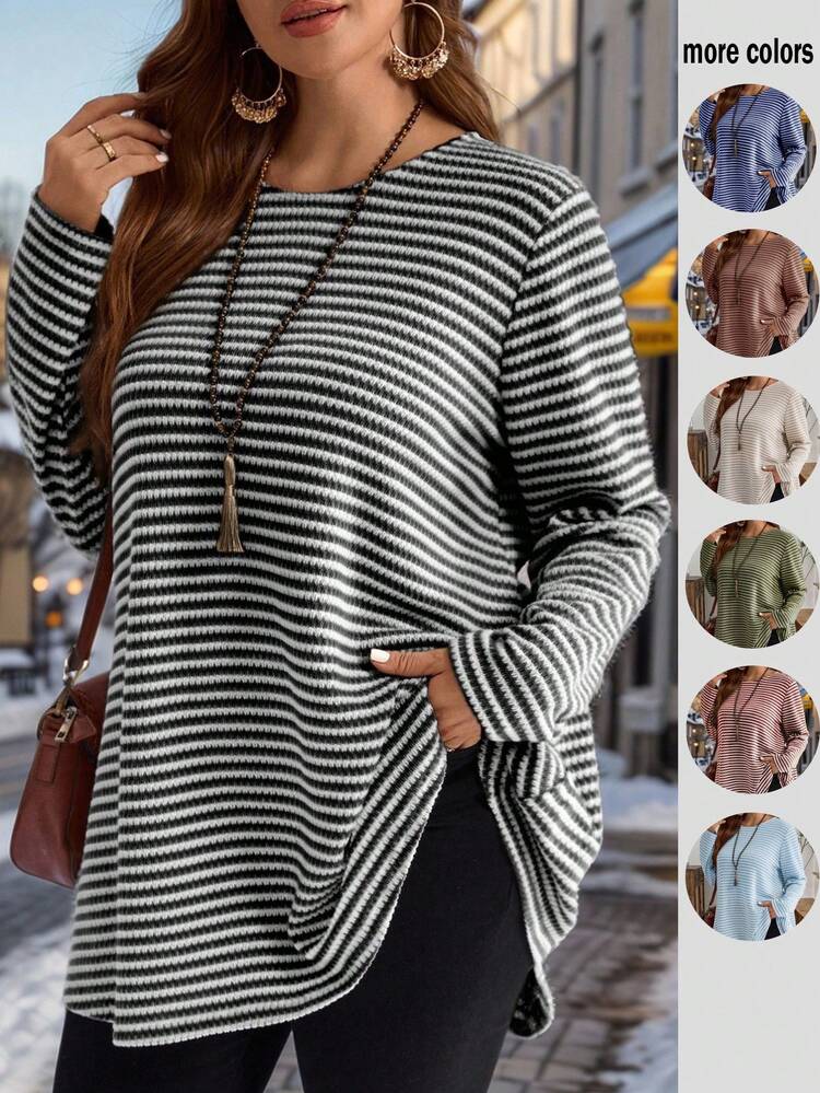 Große Größen Ausgeh-Oberteile Damen Lässig gestreifter Muster Langarm Loose T-Shirt, Winterkleidung für Frauen