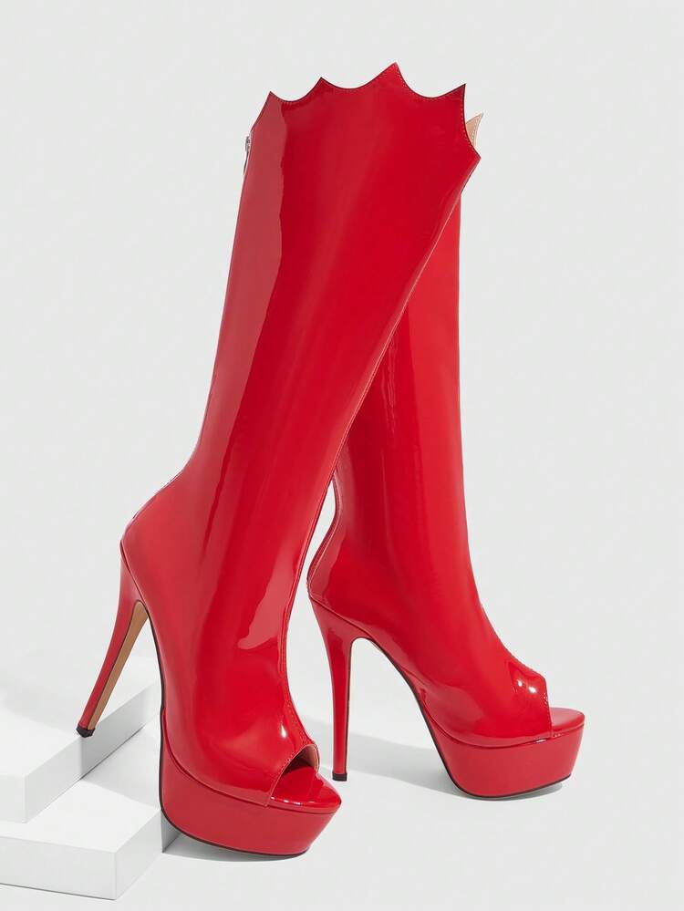 CUCCOO SZL セクシーなファッション ピープトウ ハイヒール カジュアル 多用途 サイドジッパー ゴールド レディース ニーハイブーツ