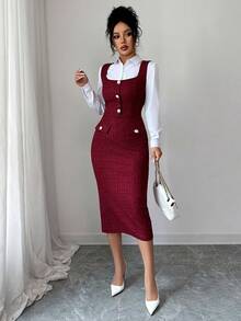 Elenzga Elegant French Style Stretchy Silver Thread Tweed Burgundy High-End Design Sense Square Collar Fitted Slim Waist Pearl Button Sleeveless Bodycon Dress, Versatile For Holidays, Independence Day - Burgundy - View 3