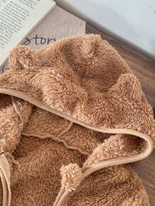 SHEIN 男婴幼儿新生儿0-3岁可爱休闲日常百搭泰迪熊刺绣羊毛连帽夹克 - 棕色 - 查看 5