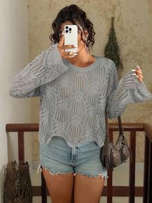 Travachic Plus Size Women Fashion Hollow Out Round Neck Loose Casual Sweater/Winter - Light Grey - View 5