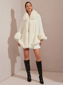 Enchnt معطف بونشو فضفاض مزين بفرو اصطناعي للنساء، لون أحادي، موضة، خريف/شتاء - أبيض - مشاهدة 5