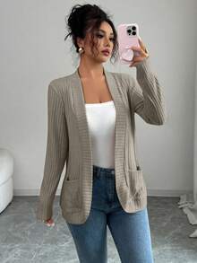 SHEIN PETITE 女式休闲罗纹羊毛开前侧口袋短款轻便夹克 - 灰色 - 查看 1