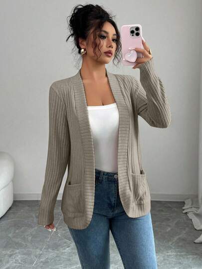 SHEIN PETITE 女式休闲罗纹羊毛开前侧口袋短款轻便夹克