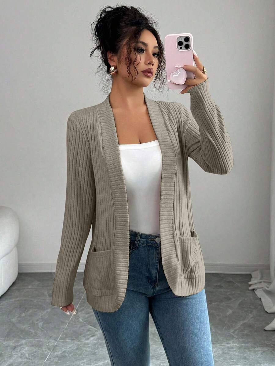 SHEIN PETITE 女式休闲罗纹羊毛开前侧口袋短款轻便夹克 - 灰色 - 查看 1