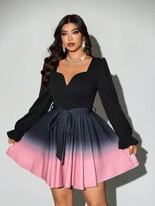 Viva Relle Plus Size Women's Elegant Sexy Cute Heart Neck Puff Sleeve Waist Tie Ombre Color Short Dress, Party Wear - Multicolor - View 1