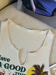 INAWLY 加大码椰子树和标语印花背心，适合夏季图案T恤，女式上衣 - 杏色 - 查看 4