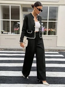 SHEIN Tall 2 件套女士休闲撞色边饰黑色夹克和裤子套装，秋冬套装办公室套装休闲套装 - 黑色 - 查看 4