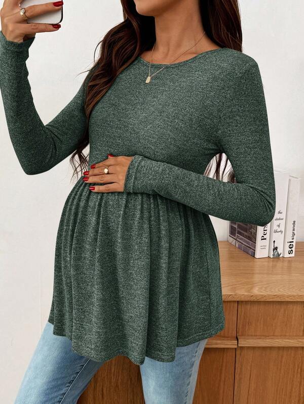 SHEIN قميص كاجوال للحوامل بأكمام طويلة وخصر مربوط، لون أحادي، خريفي