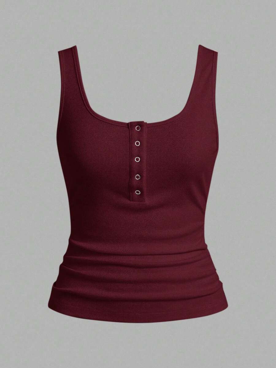 Slaydiva 休闲百搭白色吊带背心，深U领和露背C领设计，女士修身款上衣，女士背心，修身款上衣 - 酒紅色 - 查看 1