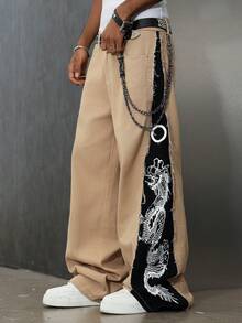 Manfinity EMRG 男士宽松中国龙印花口袋做旧阔腿休闲牛仔裤 - 彩色 - 查看 3