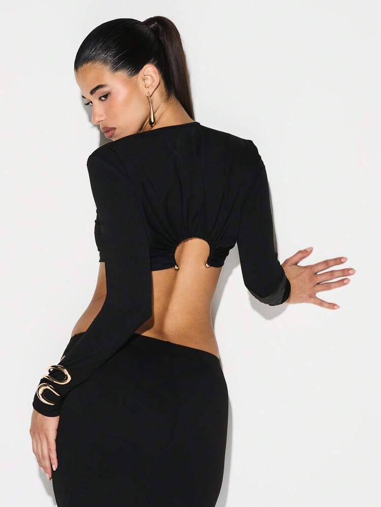 KIZN Long Sleeve Crop Top With Cut Out Back