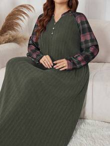 Lacomfia Plus Size Elegant Casual Plaid Patchwork Dress - Army Green - View 1