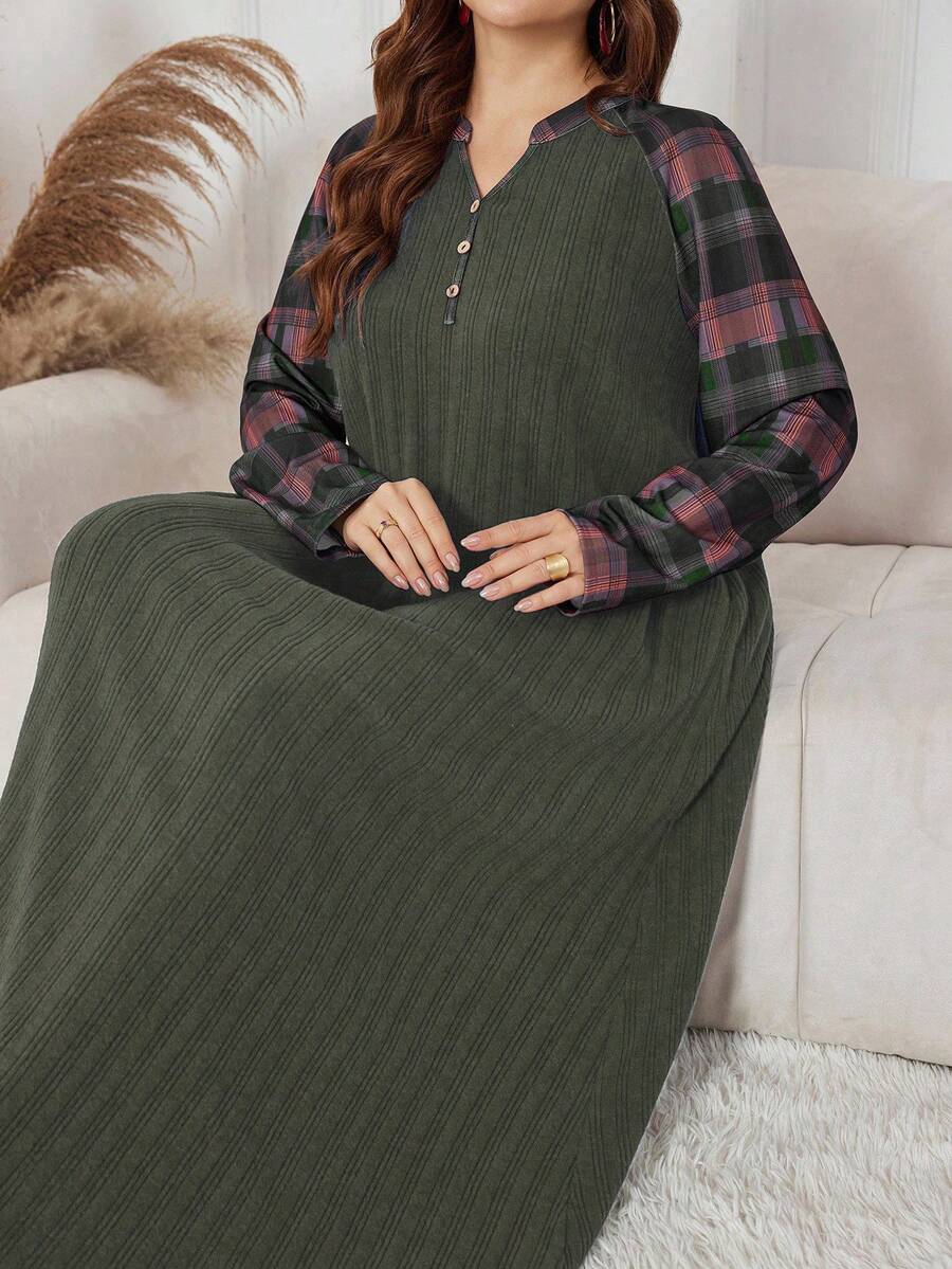 Lacomfia Plus Size Elegant Casual Plaid Patchwork Dress - Army Green - View 1