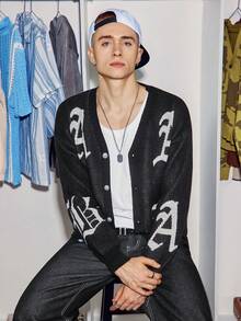 Manfinity Homme Áo len cardigan dệt kim dài tay họa tiết chữ cho nam, phong cách Thu/Đông nam Rave Alt Men Graphic Men Festival Thu Đông - màu đen - Xem 6