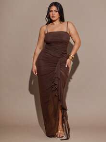 SHEIN BAE 大码女式棕色高开衩连衣裙 - 棕色 - 查看 6