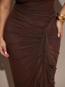 SHEIN BAE 大码女式棕色高开衩连衣裙 - 棕色 - 查看 7