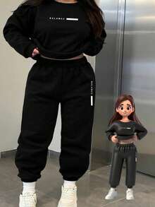 DrmWander 大码圆领长袖字母印花休闲两件套：上衣和裤子