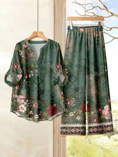 Rusticease 女士休闲优雅 V 领不对称下摆长袖宽松衬衫和阔腿裤两件套，复古印花秋装