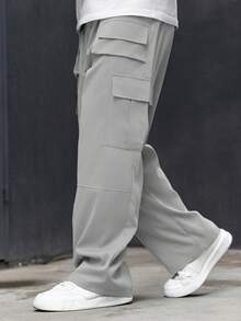 Manfinity Roughcore Men's Plus Size Solid Color Drawstring Cargo Pants With Multi-Pocket,Casual Style Baggy Cargo Pants,Black Pants For Men - Light Grey - View 4