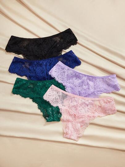 Charlaine Women's Floral Lace Elastic Waist Comfortable Bikini Briefs Lace Cheeky Panties Lace Underwear Lace Thong Pack Panties 5 Piece Set Lace Panty Set