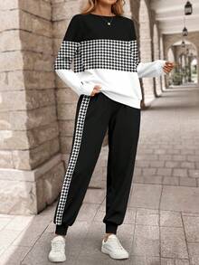 SHEIN LUNE 女式长袖豹纹拼布运动衫和长款运动裤冬季套装两件套女装 - 彩色 - 查看 2