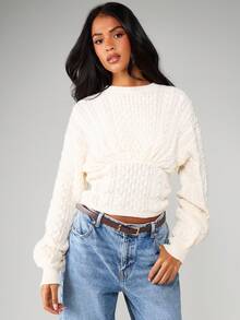 MISSGUIDED كنزة صوفية محبوكة بتفاصيل ربطة خلفية، أكمام طويلة، رقبة طاقم، بلوزة للخريف والشتاء - لون مشمشي - مشاهدة 3