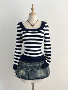 Elamini 时尚修身条纹毛衣，秋季百搭单品 - 彩色 - 查看 3