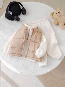 SHEIN 2 件套女婴可爱百搭保暖内衬连帽衫和裤子套装，秋冬 - 卡其色 - 查看 6