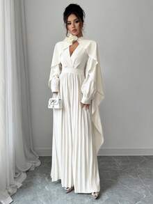 Selianne 女士优雅两件套：高品质披肩领上衣和 3D 花卉阔腿连体裤 - 杏色 - 查看 4