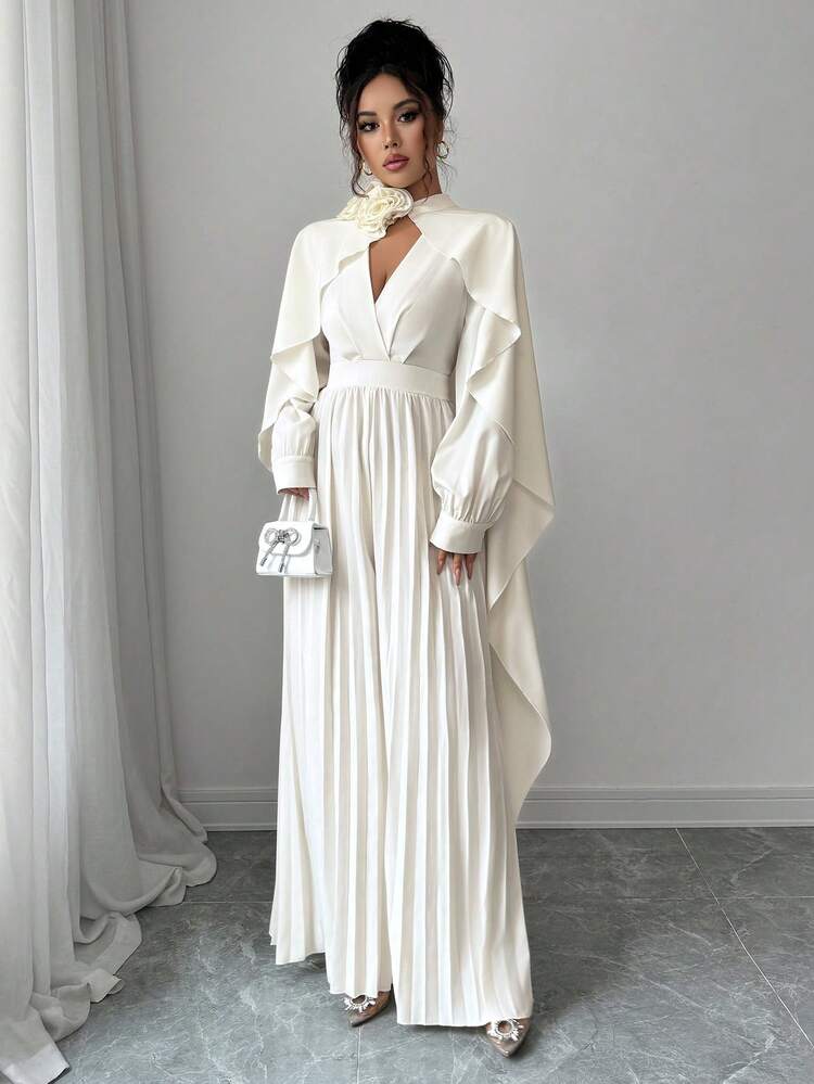 Selianne Bộ 2 món thanh lịch dành cho nữ: Áo cổ lọ cao cấp và quần jumpsuit ống rộng họa tiết hoa 3D - Màu be - Xem 4