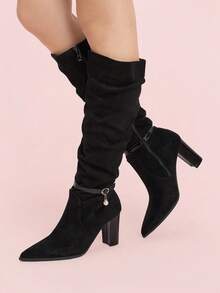 CUCCOO DOLLMOD Botas de tacón alto elásticas de punta puntiaguda de gamuza para mujer, botas de media pantorrilla de tacón fino con suela blanda antideslizante para otoño/invierno